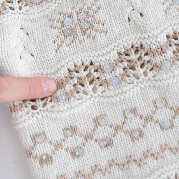 Vintage Liz Sport Cream w Tan Snowflakes Knit Beaded Crewneck Sweater M - Picture 12 of 12